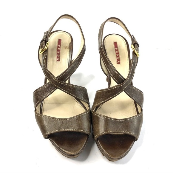 Prada authentic brown leather stacked heel sandal cross straps open toe EU 38 - Picture 3 of 12